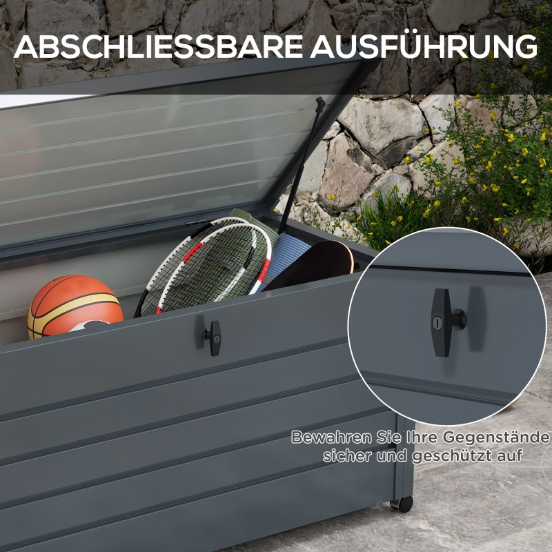 Ulkosäilytyslaatikko puutarhaan, galvanoitu teräs, 120 x 62 x 66 cm, 311 l, tummanharmaa, pyörillä