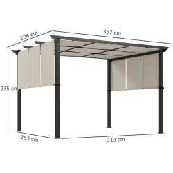 Pergola terassille, teräsrunko ja liukuva polyesterikatto, 3 x 3,5 m, beige