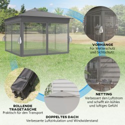 Puutarhapaviljonki aurinkokäyttöisillä LED-valoilla 336 x 336 x 270 cm harmaa