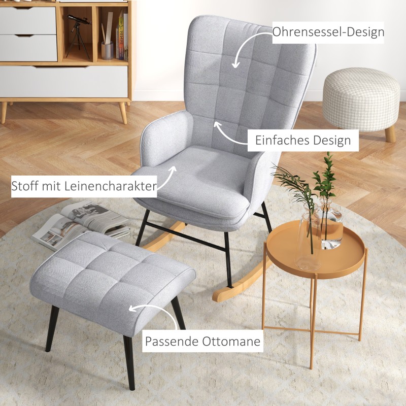 Keinutuoli ja jalkarahi, skandinaavinen design, pyökki, 64 x 89 x 90 cm, vaaleanharmaa