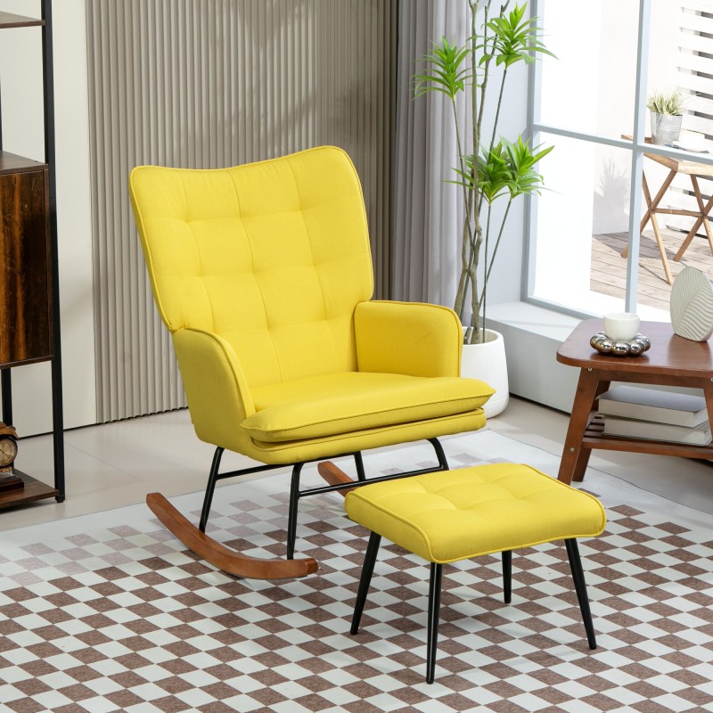 Keinutuoli ja jalkarahi, skandinaavinen design, pyökkipuu, 64 x 89 x 90 cm, keltainen