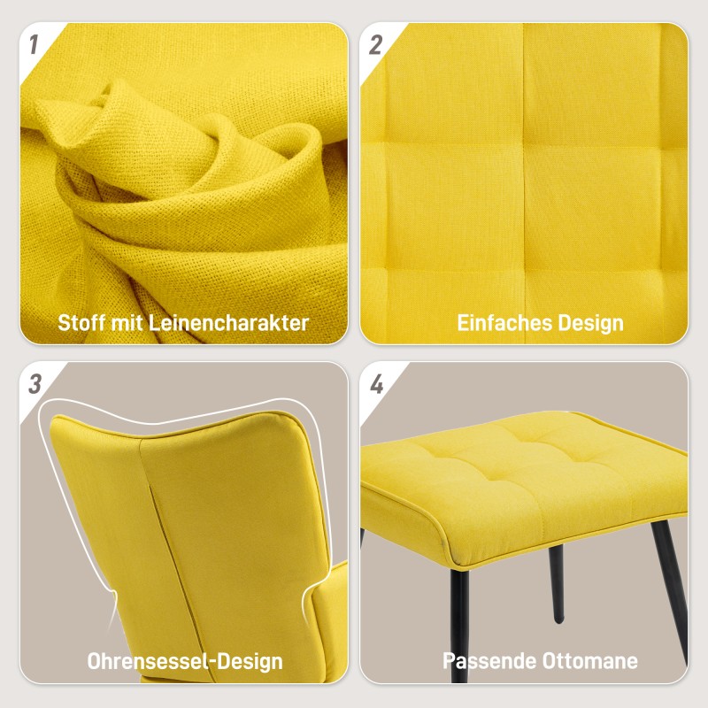 Keinutuoli ja jalkarahi, skandinaavinen design, pyökkipuu, 64 x 89 x 90 cm, keltainen