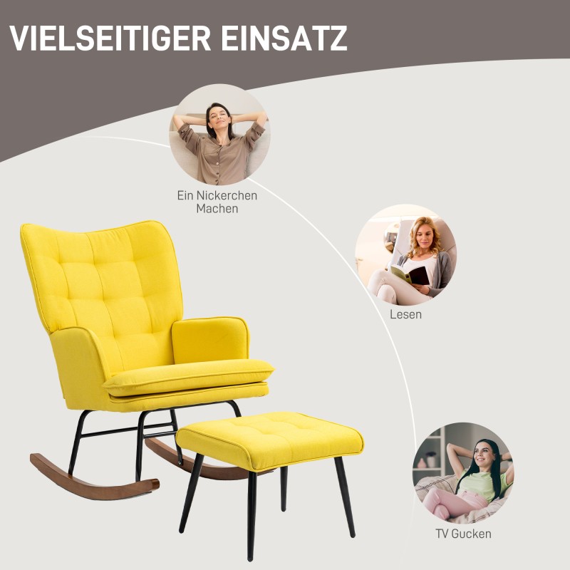 Keinutuoli ja jalkarahi, skandinaavinen design, pyökkipuu, 64 x 89 x 90 cm, keltainen