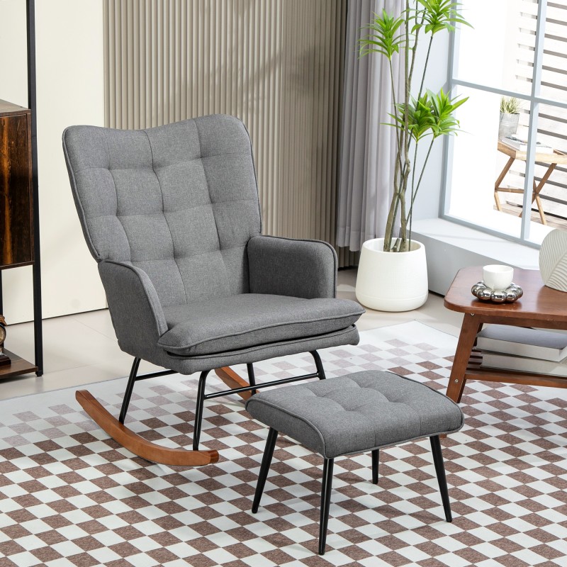 Keinutuoli ja jalkarahi, pellavamainen kangas, puujalat, 64x89x90 cm, kantavuus 130 kg, tummanharmaa