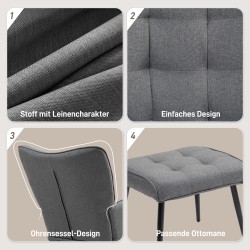 Keinutuoli ja jalkarahi, pellavamainen kangas, puujalat, 64x89x90 cm, kantavuus 130 kg, tummanharmaa