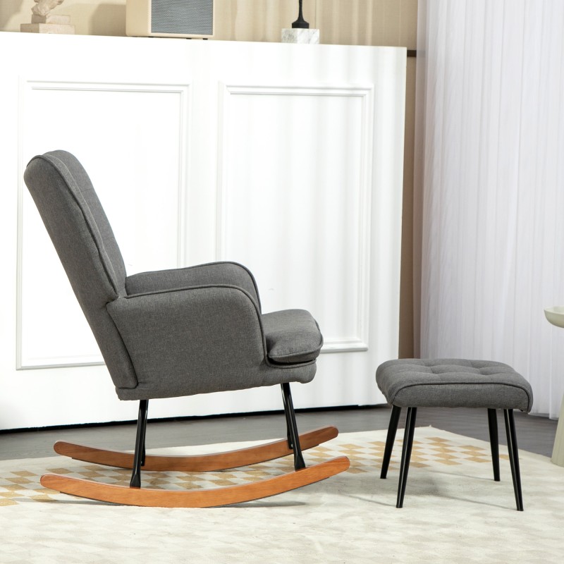 Keinutuoli ja jalkarahi, pellavamainen kangas, puujalat, 64x89x90 cm, kantavuus 130 kg, tummanharmaa