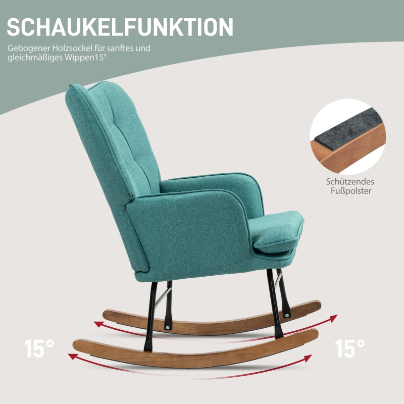 Keinutuoli jalkarahilla, leveä istuin ja korkea selkänoja, puujalat, mintunvihreä