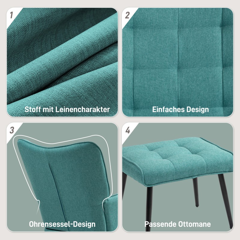 Keinutuoli jalkarahilla, leveä istuin ja korkea selkänoja, puujalat, mintunvihreä