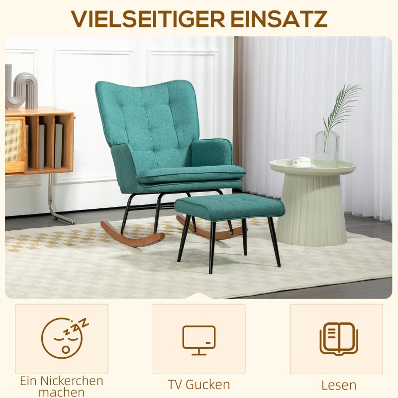 Keinutuoli jalkarahilla, leveä istuin ja korkea selkänoja, puujalat, mintunvihreä