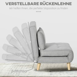 Taitettava lepotuoli / vuodesohva, 6-asentoinen selkänoja, pellavakangasta muistuttava polyesteri, 150 kg, vaaleanharmaa