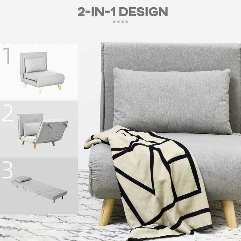 Taitettava lepotuoli / vuodesohva, 6-asentoinen selkänoja, pellavakangasta muistuttava polyesteri, 150 kg, vaaleanharmaa