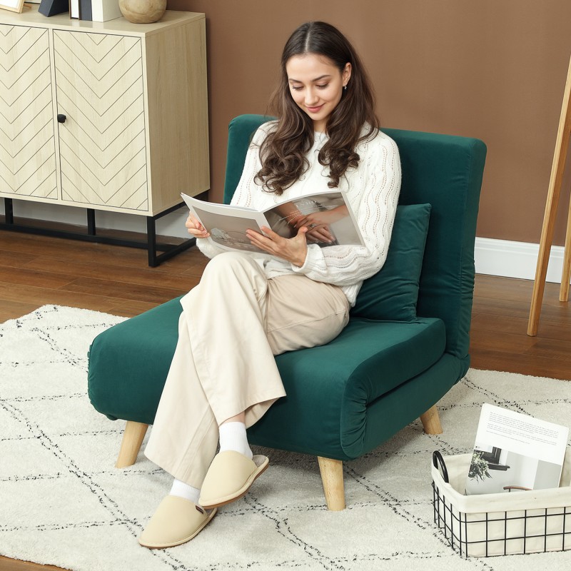 Taitettava lepotuoli vuodeominaisuudella, samettipintainen, metallirunko, kantavuus 120 kg, tummanvihreä