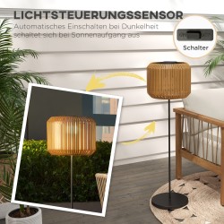 Aurinkokäyttöinen rattan-tyylinen ulkovalaisin, LED, IP44, metalli/PE-rottinki, Ø34 x 130 cm, musta/keltainen