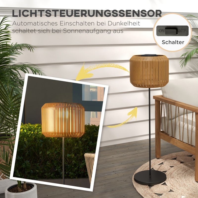 Aurinkokäyttöinen rattan-tyylinen ulkovalaisin, LED, IP44, metalli/PE-rottinki, Ø34 x 130 cm, musta/keltainen