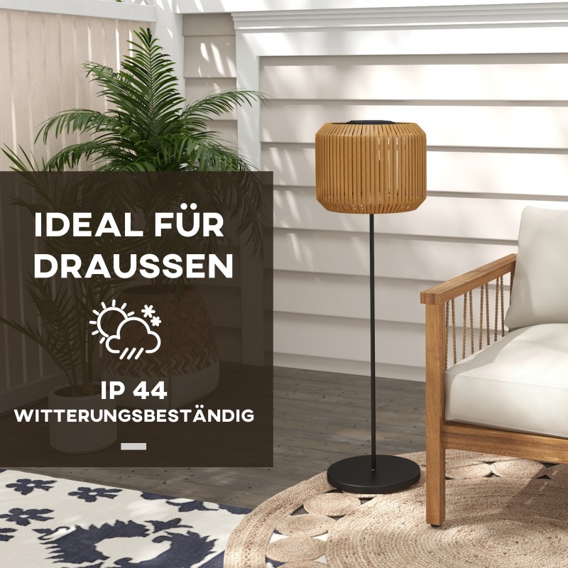 Aurinkokäyttöinen rattan-tyylinen ulkovalaisin, LED, IP44, metalli/PE-rottinki, Ø34 x 130 cm, musta/keltainen