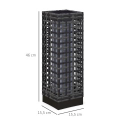 Aurinkokäyttöinen ulkovalaisin teräsrungolla, rattanopinta, IP44, lämmin valkoinen LED, 15,5 x 15,5 x 46 cm, harmaa