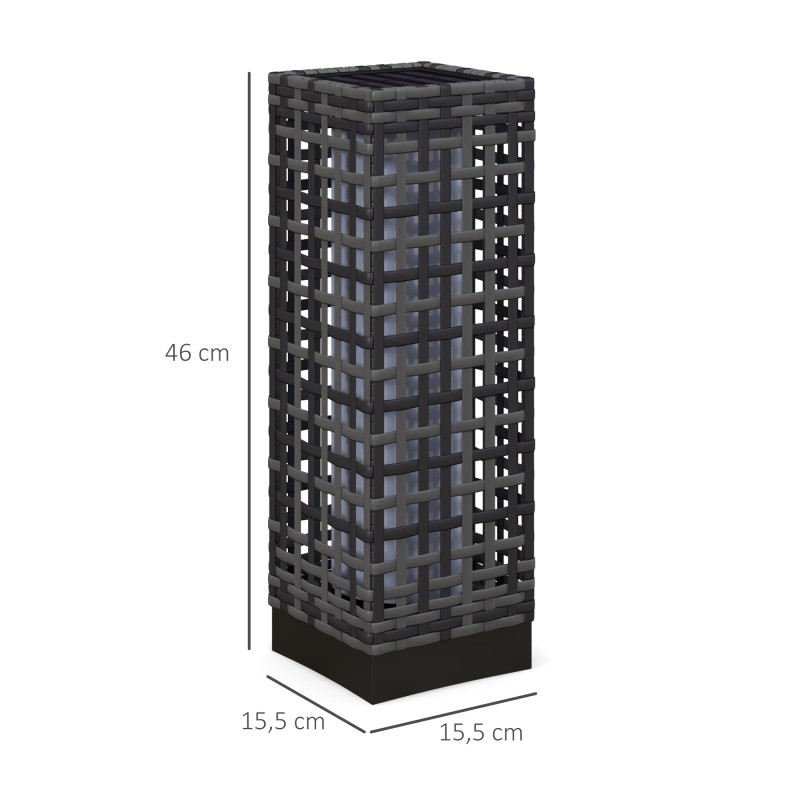 Aurinkokäyttöinen ulkovalaisin teräsrungolla, rattanopinta, IP44, lämmin valkoinen LED, 15,5 x 15,5 x 46 cm, harmaa