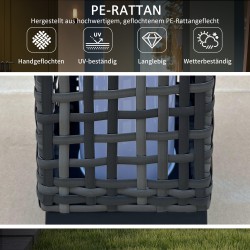 Aurinkokäyttöinen ulkovalaisin teräsrungolla, rattanopinta, IP44, lämmin valkoinen LED, 15,5 x 15,5 x 46 cm, harmaa