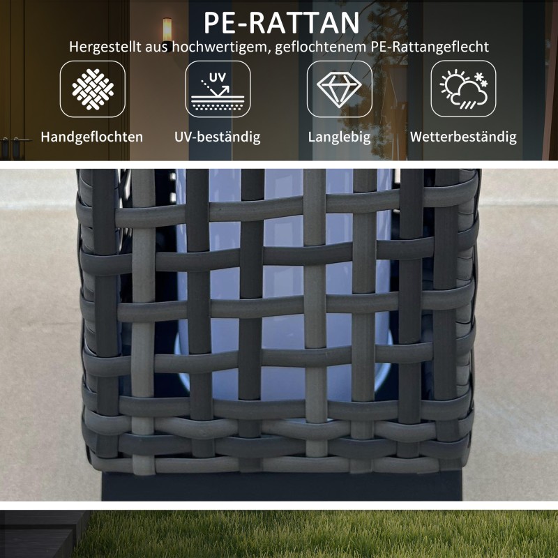 Aurinkokäyttöinen ulkovalaisin teräsrungolla, rattanopinta, IP44, lämmin valkoinen LED, 15,5 x 15,5 x 46 cm, harmaa