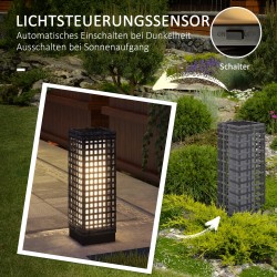 Aurinkokäyttöinen ulkovalaisin teräsrungolla, rattanopinta, IP44, lämmin valkoinen LED, 15,5 x 15,5 x 46 cm, harmaa