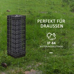 Aurinkokäyttöinen ulkovalaisin teräsrungolla, rattanopinta, IP44, lämmin valkoinen LED, 15,5 x 15,5 x 46 cm, harmaa