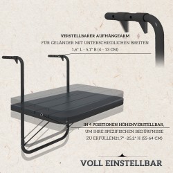 Parvekkeen ripustettava taitettava pöytä, korkeussäädettävä, alumiinirunko, muovikansi puukuosi, musta