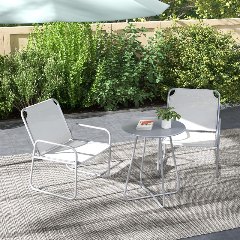 Puutarhakalustesetti ulkokäyttöön, teräs, pöytä Ø60 cm + 2 tuolia, 3-osainen, vaaleanharmaa