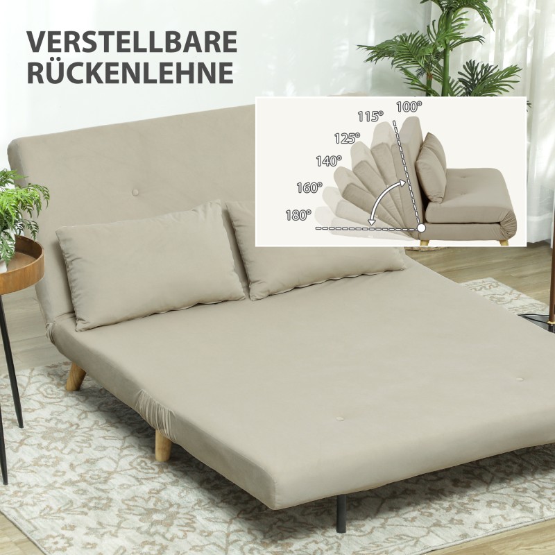 Vuodesohva 2 hengelle, samettimainen kangas, 130 x 78 x 79 cm, beige, 2 tyynyä mukana