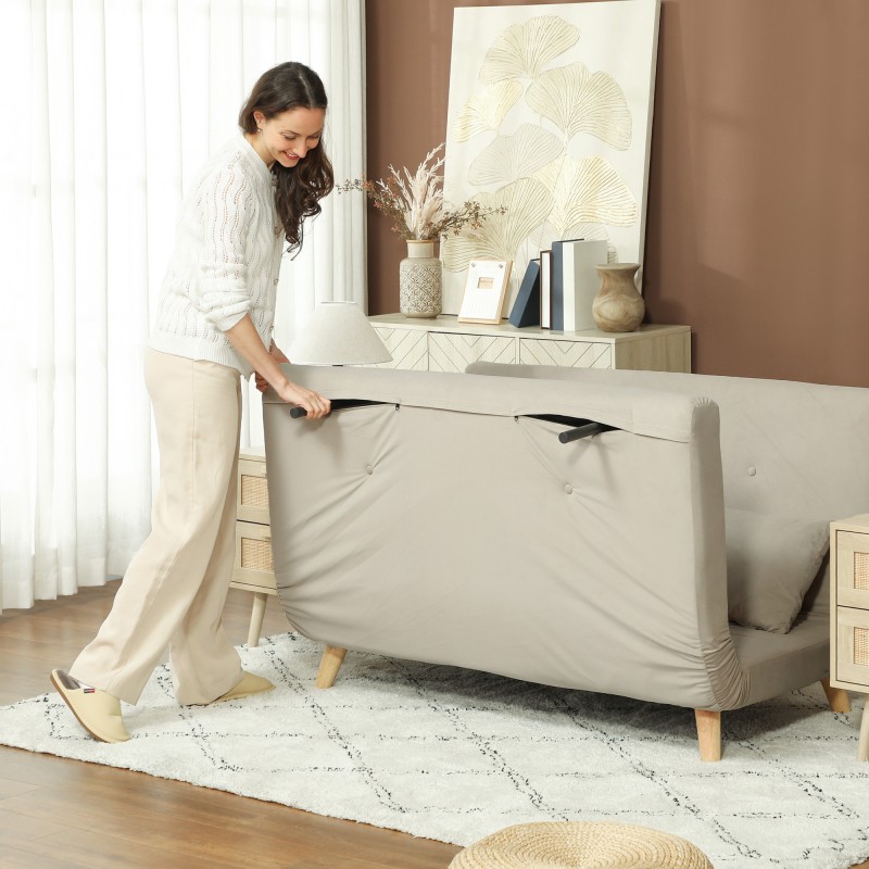 Vuodesohva 2 hengelle, samettimainen kangas, 130 x 78 x 79 cm, beige, 2 tyynyä mukana