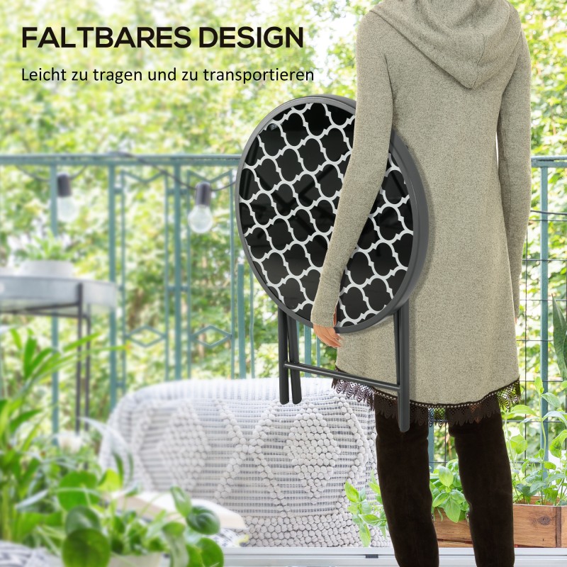 Puutarhan taittopöytä ulkokäyttöön, metalli ja karkaistu lasi, Ø45 x 50 cm, musta