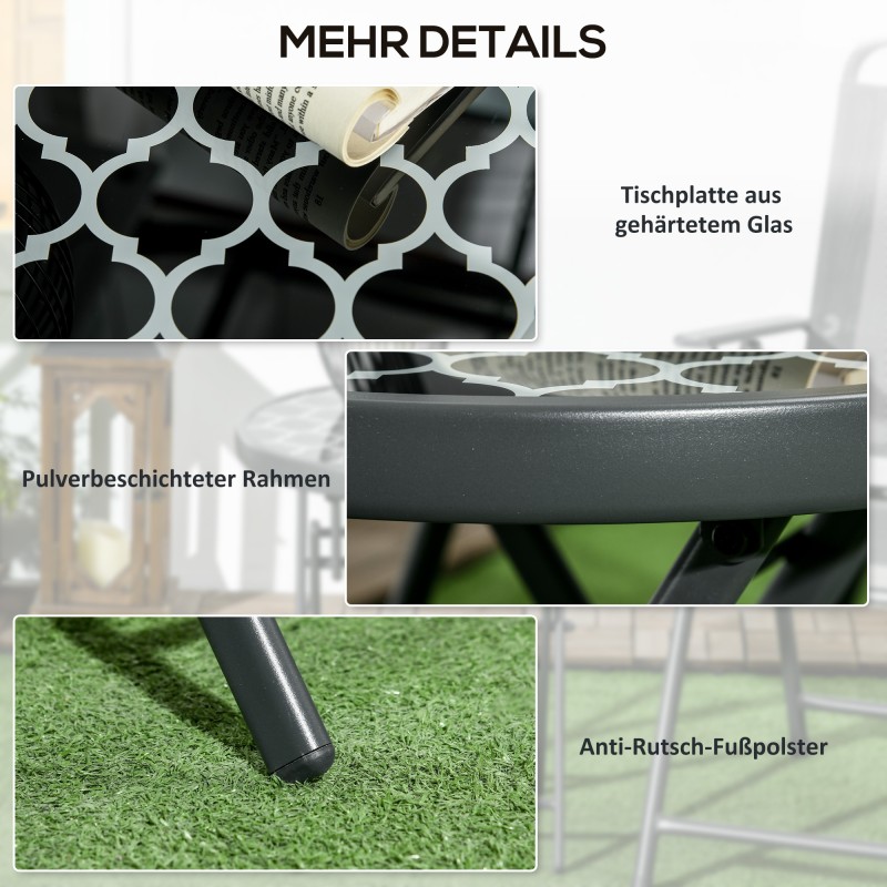 Puutarhan taittopöytä ulkokäyttöön, metalli ja karkaistu lasi, Ø45 x 50 cm, musta