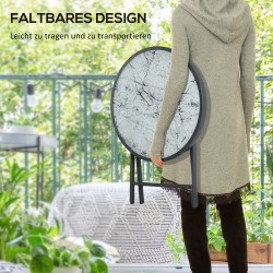 Taitettava sivupöytä ulkokäyttöön, metalli ja karkaistu lasi, Ø45 x 50 cm, valkoinen/tummanharmaa