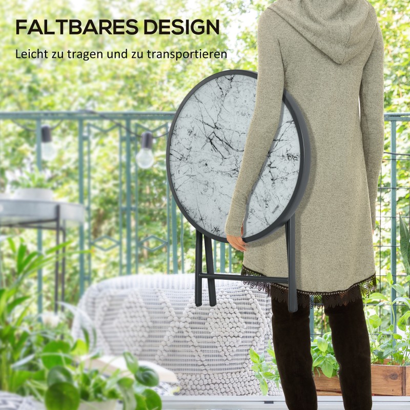 Taitettava sivupöytä ulkokäyttöön, metalli ja karkaistu lasi, Ø45 x 50 cm, valkoinen/tummanharmaa