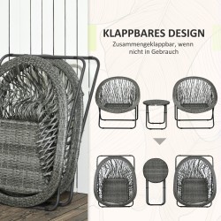 Pihakalustesetti 3-osainen, teräs ja polyrottinki, 2 taittotuolia ja pyöreä pöytä, harmaa