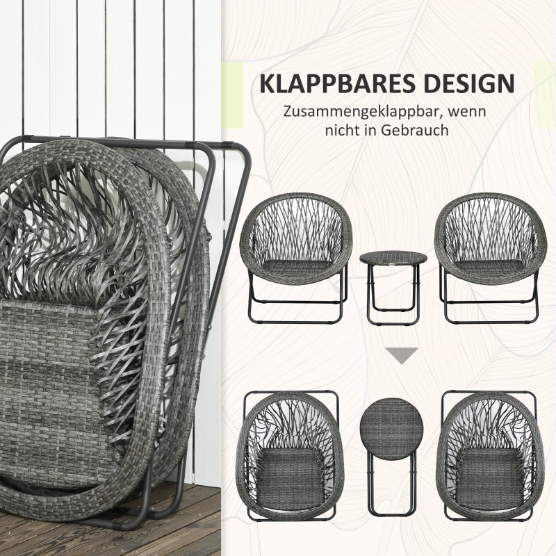 Pihakalustesetti 3-osainen, teräs ja polyrottinki, 2 taittotuolia ja pyöreä pöytä, harmaa