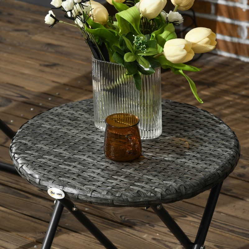 Pihakalustesetti 3-osainen, teräs ja polyrottinki, 2 taittotuolia ja pyöreä pöytä, harmaa