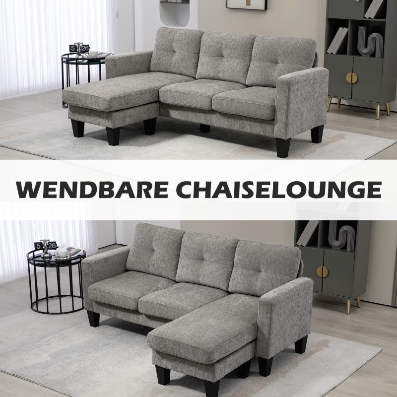 Kulmasohva L-muotoinen käännettävällä lepotuolilla, chenille-kangas, 186 x 130 x 84 cm, harmaanruskea