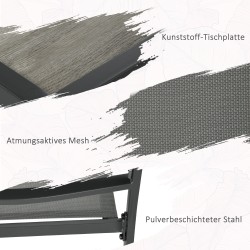 Puutarhan ruokailuryhmä ulos, teräs ja verkkokangas, pöytä 150 x 87 x 72 cm + 4 pinottavaa tuolia, harmaa