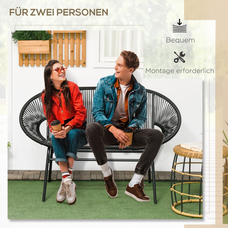 Polyrottinkinen ulkotuoli kahdelle, teräsrunko, 132 x 72 x 83 cm, musta