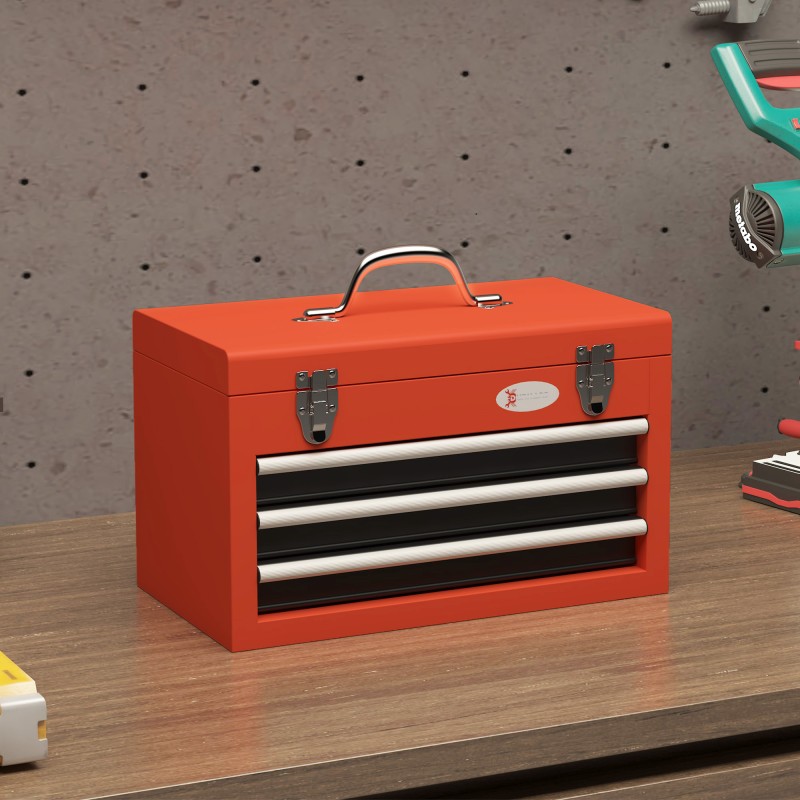 Metallinen työkalulaatikko 3 vetolaatikolla ja yläosalla 45 x 24 x 27 cm punainen