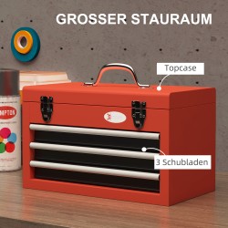 Metallinen työkalulaatikko 3 vetolaatikolla ja yläosalla 45 x 24 x 27 cm punainen