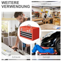 Metallinen työkalulaatikko 3 vetolaatikolla ja yläosalla 45 x 24 x 27 cm punainen