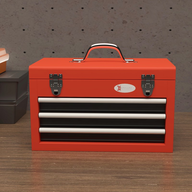 Metallinen työkalulaatikko 3 vetolaatikolla ja yläosalla 45 x 24 x 27 cm punainen