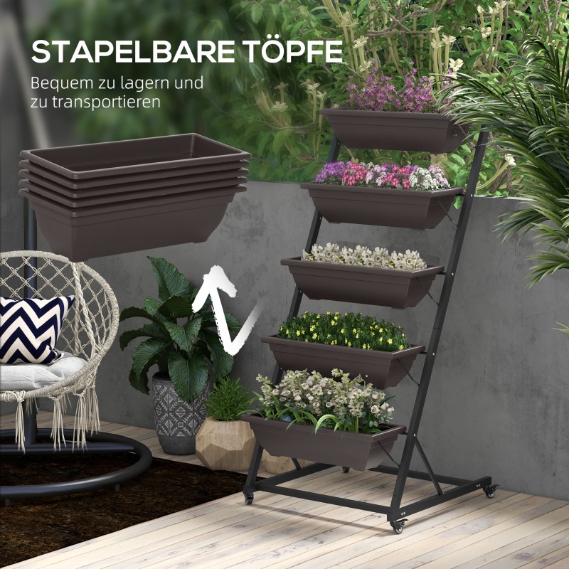 Kasviteline 5-tasoinen teräsrunko muoviruukuilla 145 cm ruskea