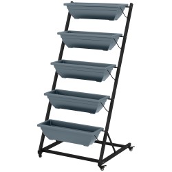 Kukkateline portaikkomainen kasviteline teräs ja muovi 5 tasoa 65 x 67 x 145 cm harmaa musta