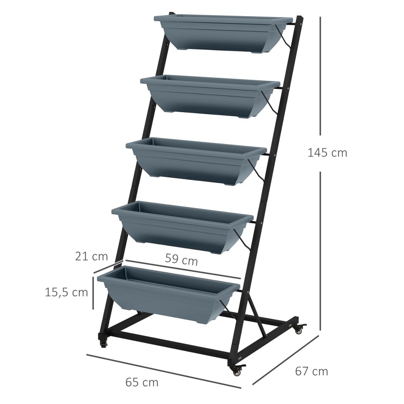 Kukkateline portaikkomainen kasviteline teräs ja muovi 5 tasoa 65 x 67 x 145 cm harmaa musta