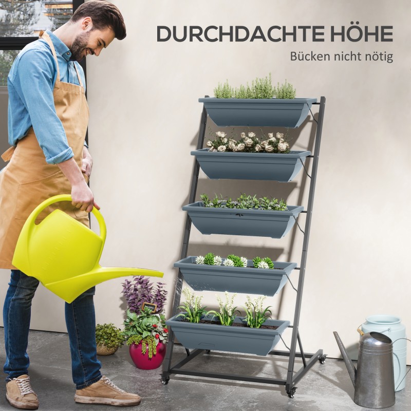 Kukkateline portaikkomainen kasviteline teräs ja muovi 5 tasoa 65 x 67 x 145 cm harmaa musta