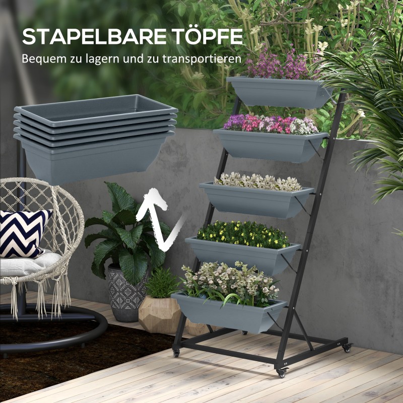 Kukkateline portaikkomainen kasviteline teräs ja muovi 5 tasoa 65 x 67 x 145 cm harmaa musta