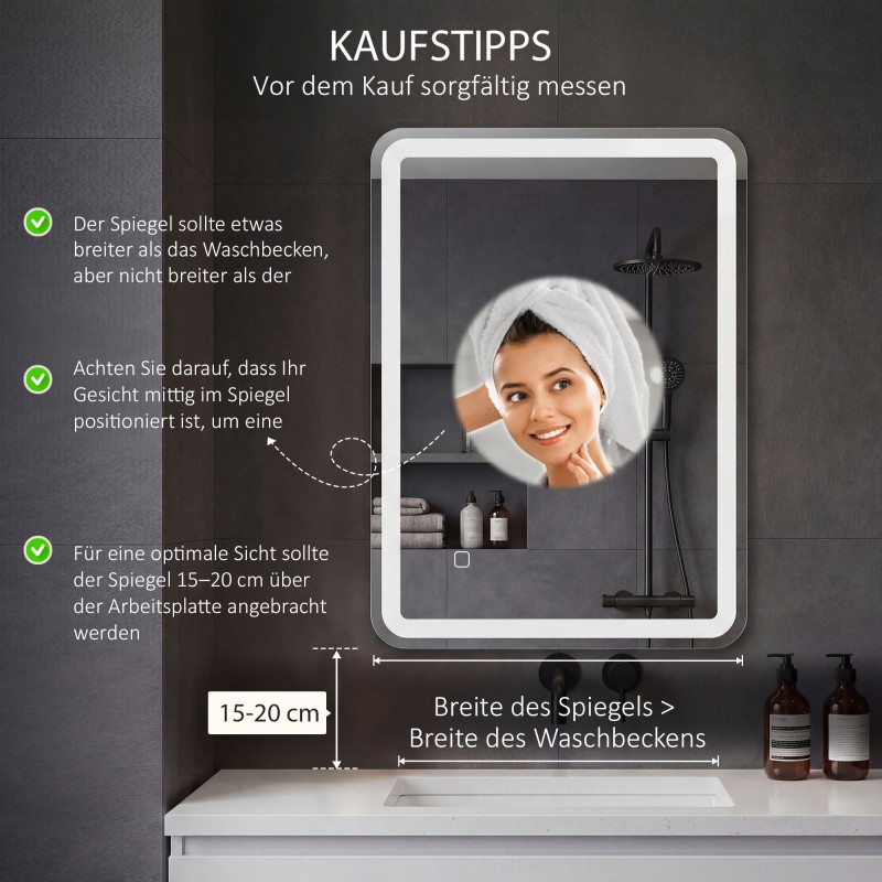 Valaistu kylpyhuoneen peili LED, kosketusohjaus, huurtumaton, himmennettävä, 3 värilämpötilaa, 50x70 cm, hopea
