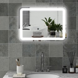 Kylpyhuoneen peili LED‑valaistuksella, kosketusohjaus, huurtumaton, himmennettävä, 70x90 cm, hopea